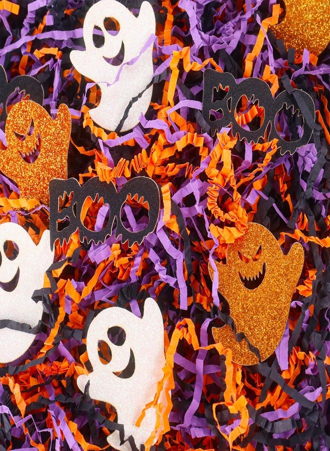 Tnoeuz 1LB Halloween Crinkle Cut Paper Shred Filler Black Purple Orange Crinkle Cut Paper with Ghost BOO Halloween Confetti for Trick or Treat Basket Filler Gift Packaging Supply
